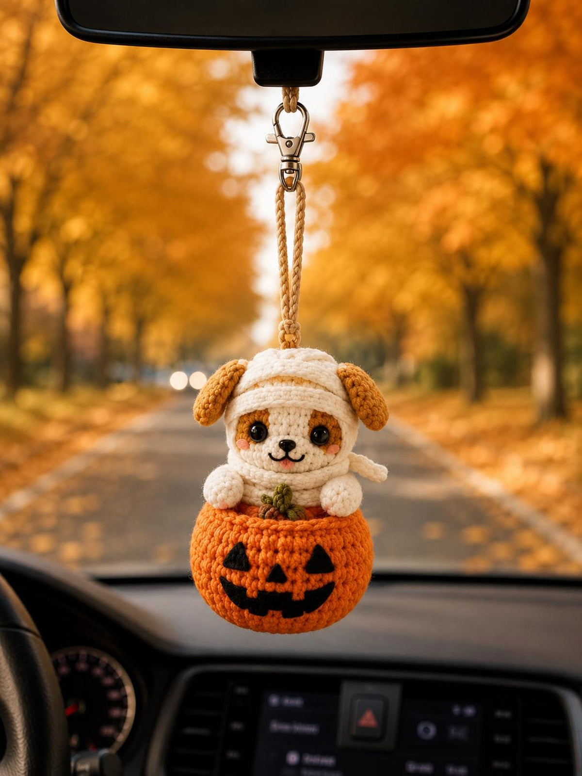 Halloween Crochet Car Hanging, Black Cat Bunny Bat Ghost Mummy Dog Rearview Mirror Charm, Handmade Car Vent Clip, Halloween Gift