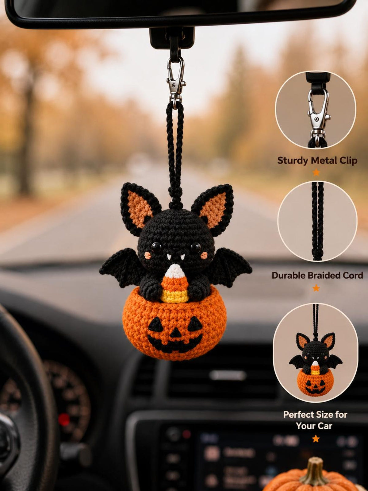 Halloween Crochet Car Hanging, Black Cat Bunny Bat Ghost Mummy Dog Rearview Mirror Charm, Handmade Car Vent Clip, Halloween Gift