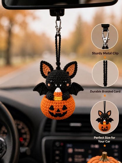 Halloween Crochet Car Hanging, Black Cat Bunny Bat Ghost Mummy Dog Rearview Mirror Charm, Handmade Car Vent Clip, Halloween Gift