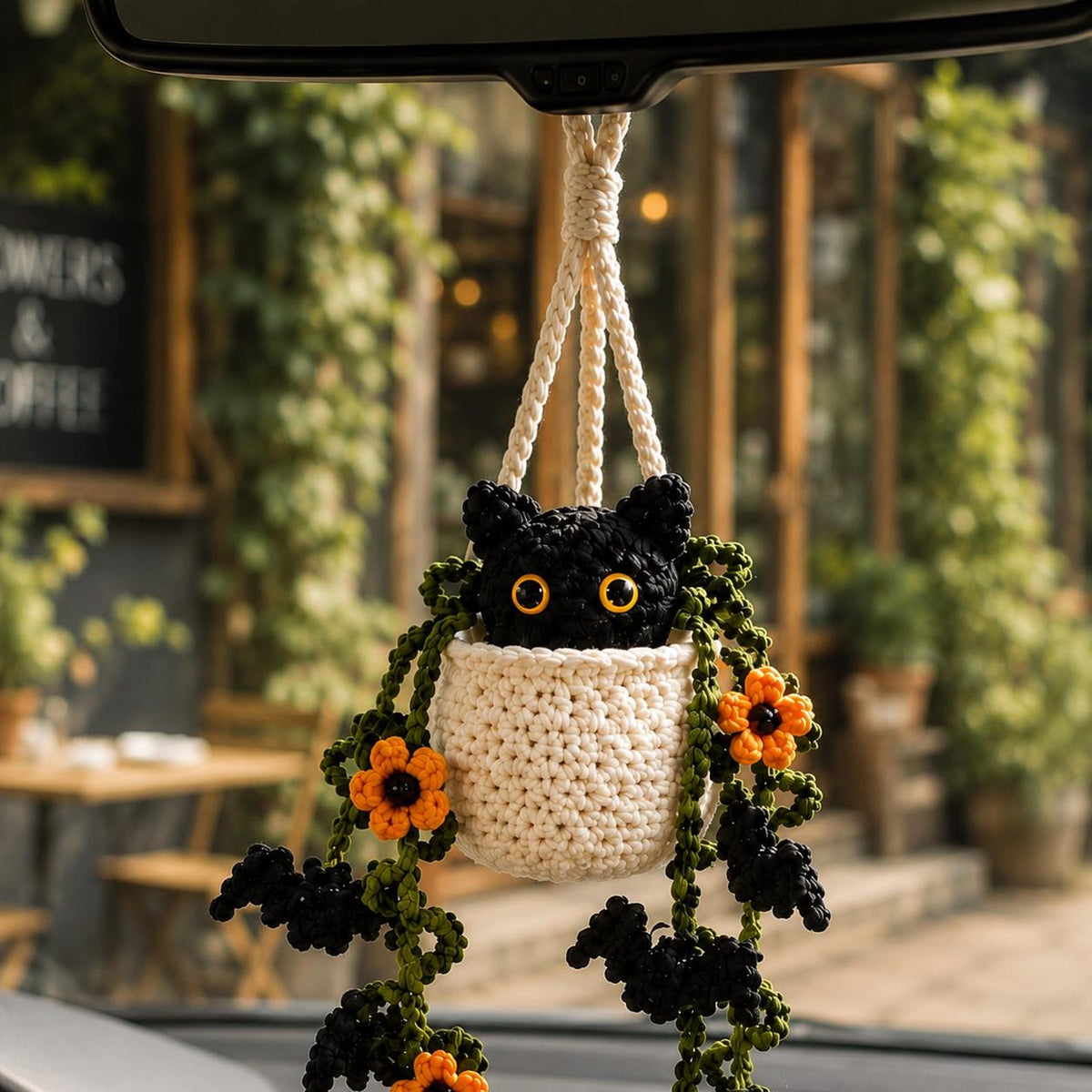 Crochet Halloween Black Cat Plant Car Hanging, Bat Vine Car Charm, Spooky Cute Halloween Car Decor, Handmade Plant Lover Gift