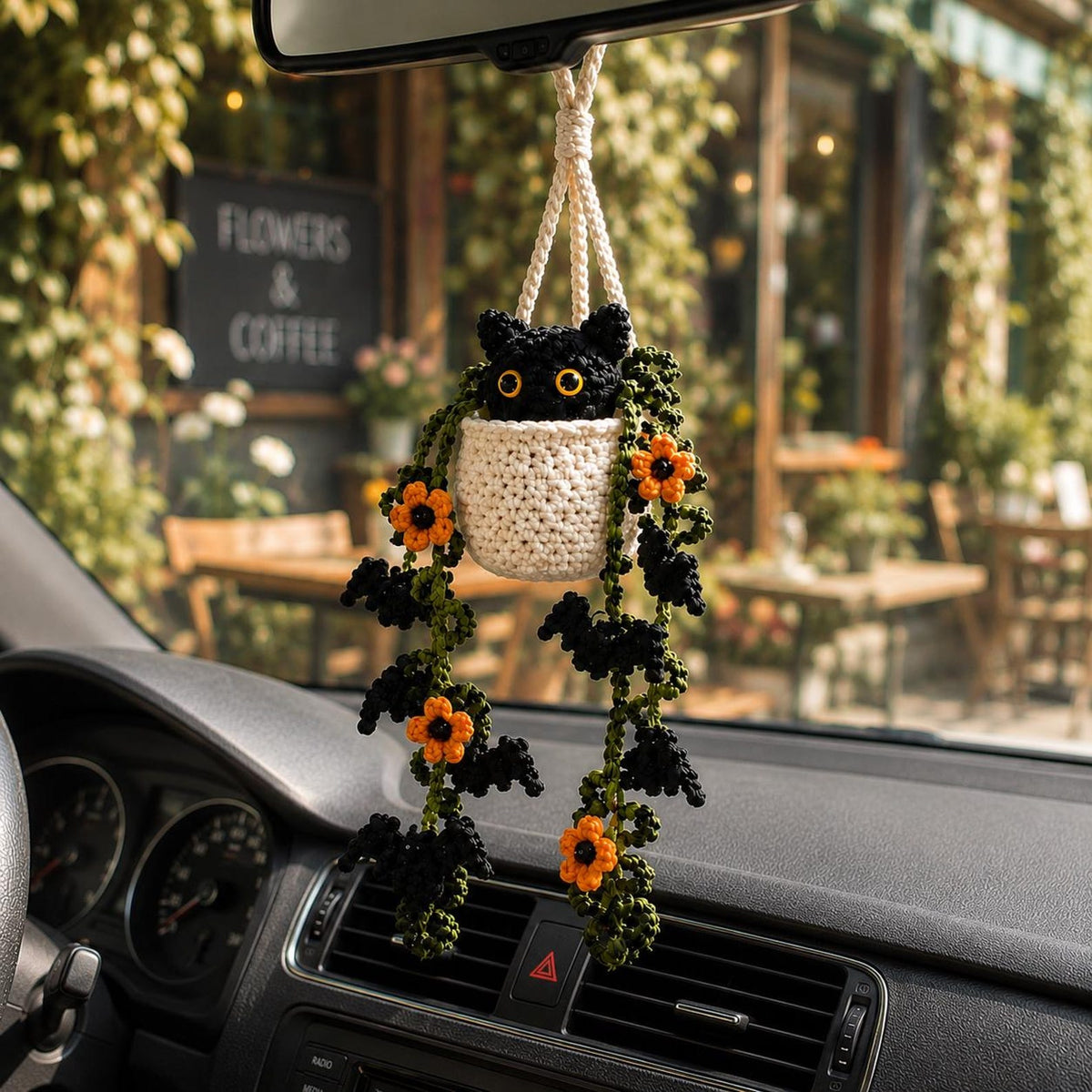 Crochet Halloween Black Cat Plant Car Hanging, Bat Vine Car Charm, Spooky Cute Halloween Car Decor, Handmade Plant Lover Gift