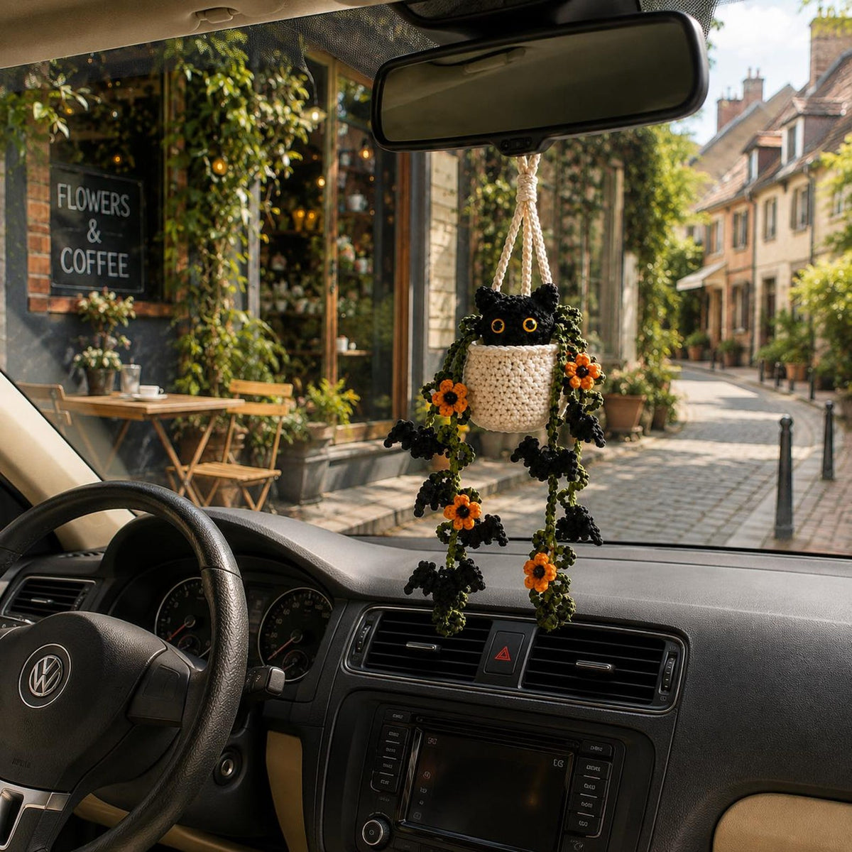 Crochet Halloween Black Cat Plant Car Hanging, Bat Vine Car Charm, Spooky Cute Halloween Car Decor, Handmade Plant Lover Gift