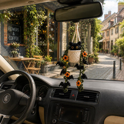 Crochet Halloween Black Cat Plant Car Hanging, Bat Vine Car Charm, Spooky Cute Halloween Car Decor, Handmade Plant Lover Gift