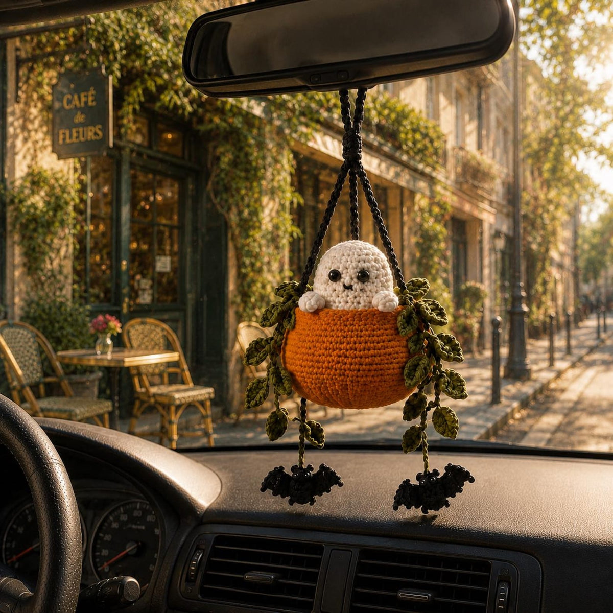 Boo in a Pumpkin Crochet Car Hanging, Ghost & Bat Halloween Plant Car Charm, Cute Car Accessory, Plant Lover Gift