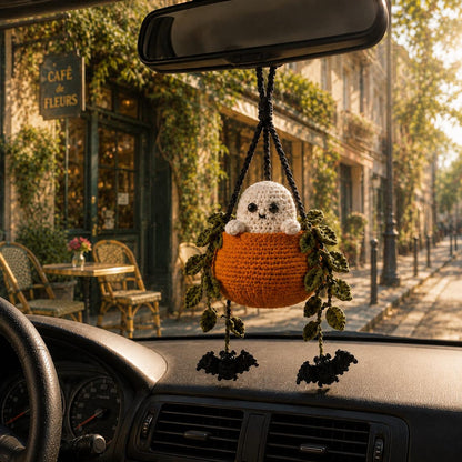 Boo in a Pumpkin Crochet Car Hanging, Ghost & Bat Halloween Plant Car Charm, Cute Car Accessory, Plant Lover Gift