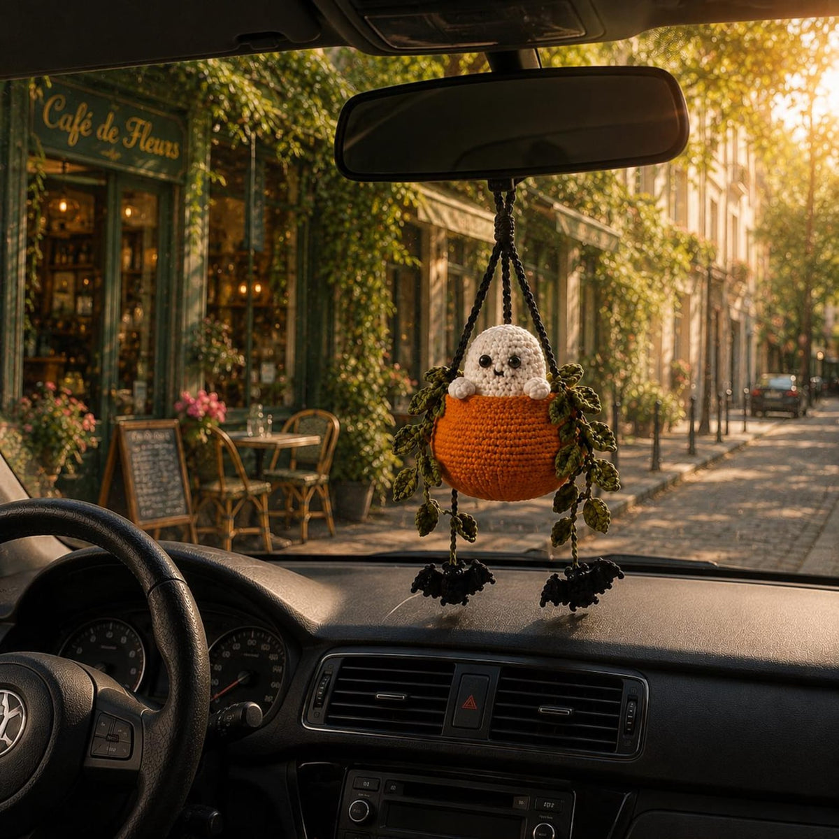 Boo in a Pumpkin Crochet Car Hanging, Ghost & Bat Halloween Plant Car Charm, Cute Car Accessory, Plant Lover Gift