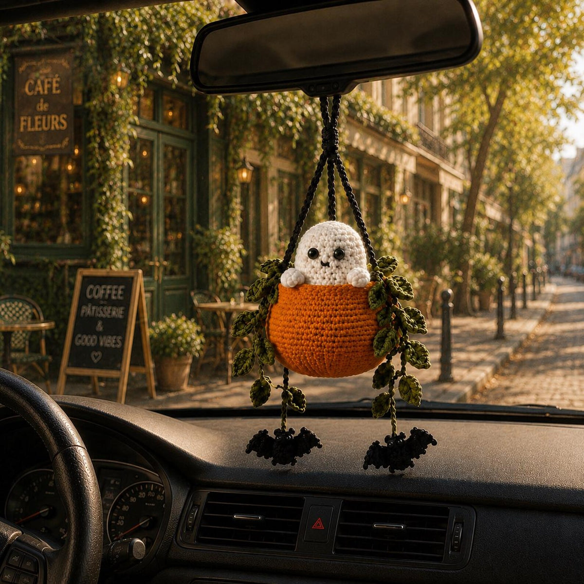 Boo in a Pumpkin Crochet Car Hanging, Ghost & Bat Halloween Plant Car Charm, Cute Car Accessory, Plant Lover Gift