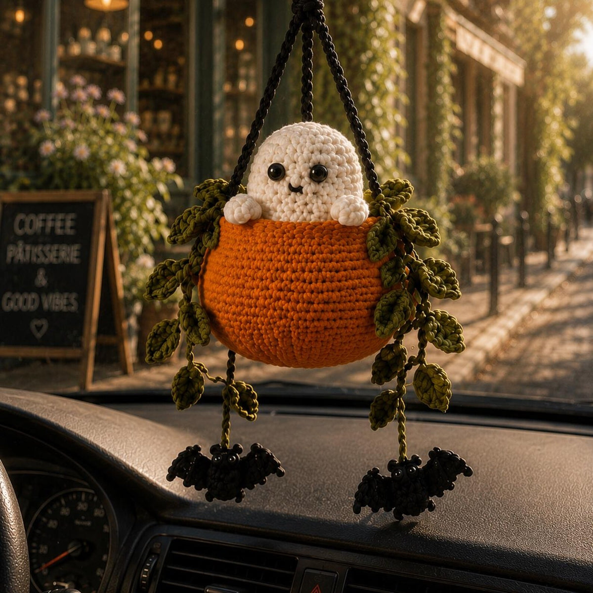 Boo in a Pumpkin Crochet Car Hanging, Ghost & Bat Halloween Plant Car Charm, Cute Car Accessory, Plant Lover Gift