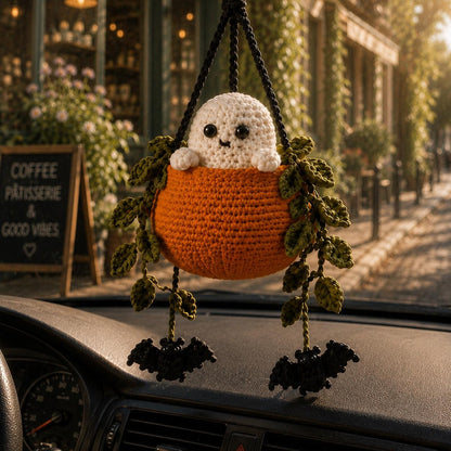 Boo in a Pumpkin Crochet Car Hanging, Ghost & Bat Halloween Plant Car Charm, Cute Car Accessory, Plant Lover Gift