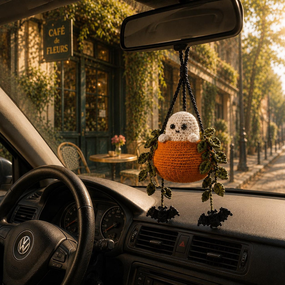 Boo in a Pumpkin Crochet Car Hanging, Ghost & Bat Halloween Plant Car Charm, Cute Car Accessory, Plant Lover Gift