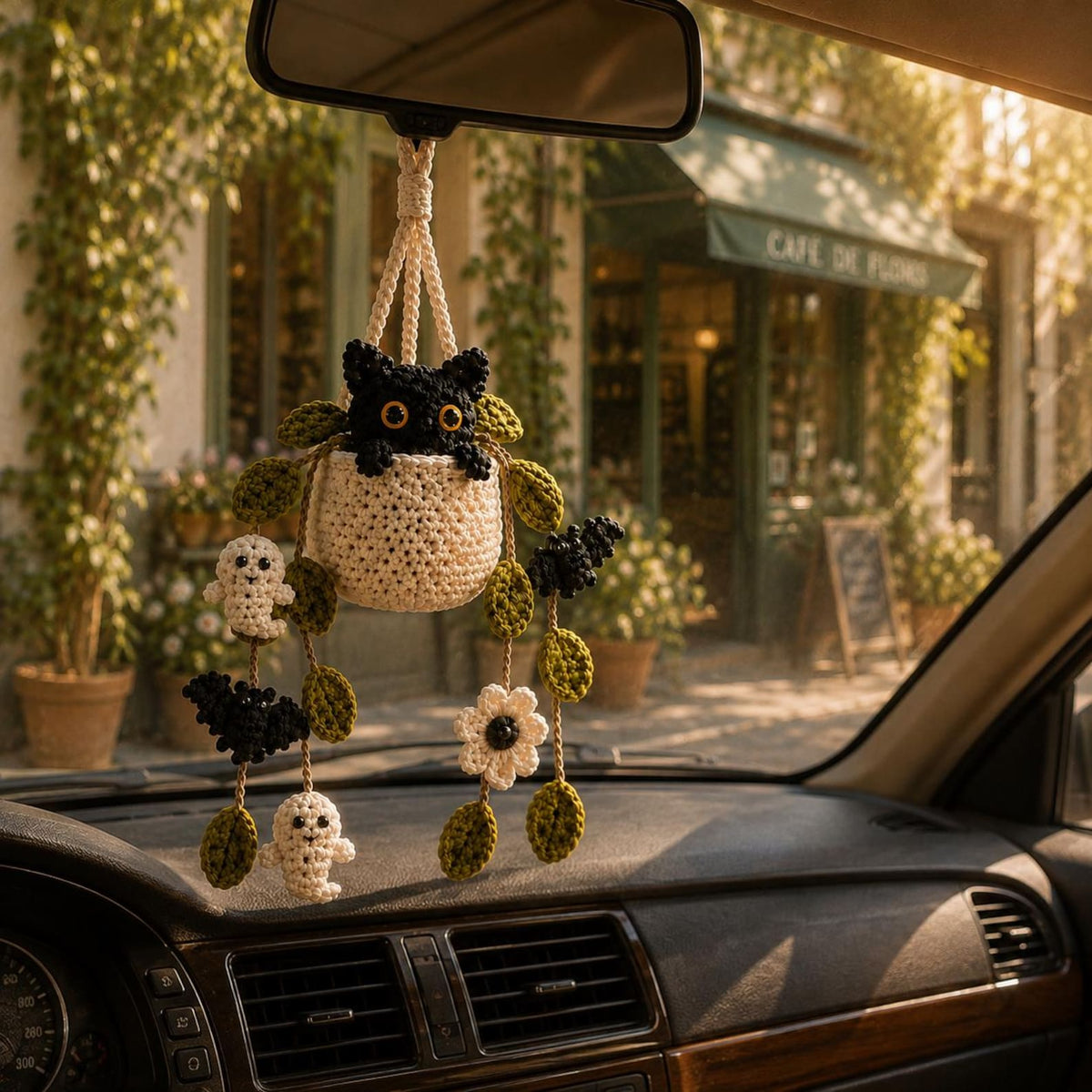 Crochet Halloween Plant Car Hanging, Handmade Black Cat Ghost & Bat Car Charm, Cute Car Decor, Spooky Car Accessory, Plant Lover Gift