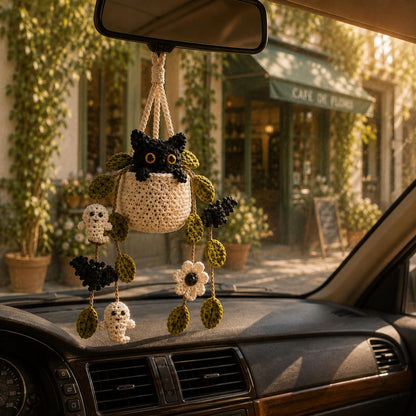 Crochet Halloween Plant Car Hanging, Handmade Black Cat Ghost & Bat Car Charm, Cute Car Decor, Spooky Car Accessory, Plant Lover Gift