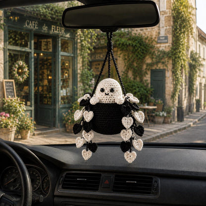 Crochet Ghost Heart Vine Plant Car Hanging, Halloween Car Mirror Hanging, Spooky Car Charm, Cute Car Accessory Decor, Plant Lover Gift