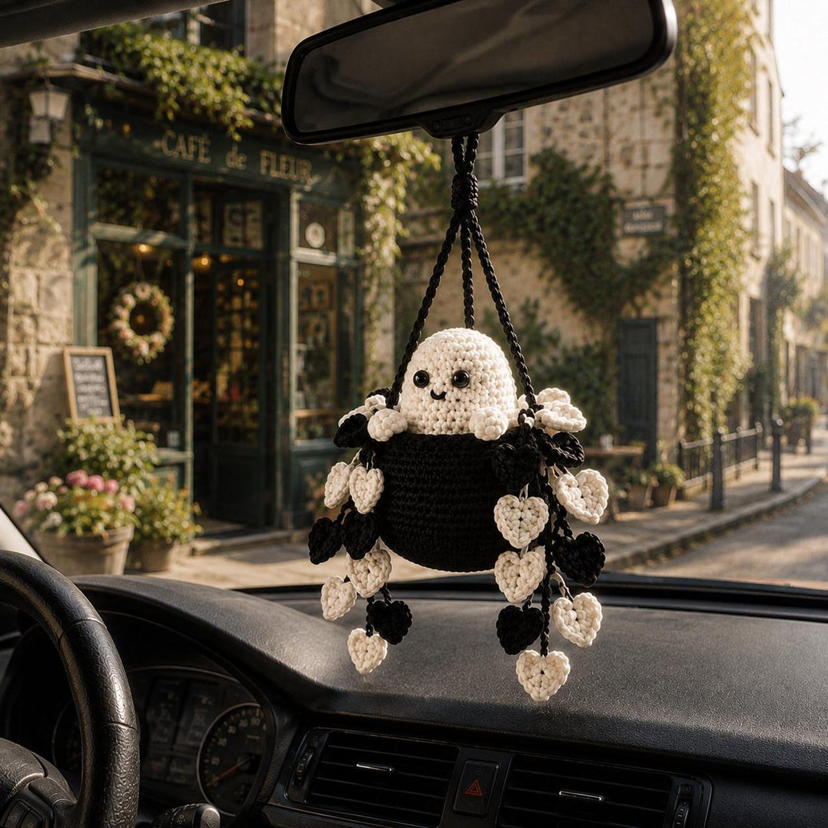 Crochet Ghost Heart Vine Plant Car Hanging, Halloween Car Mirror Hanging, Spooky Car Charm, Cute Car Accessory Decor, Plant Lover Gift