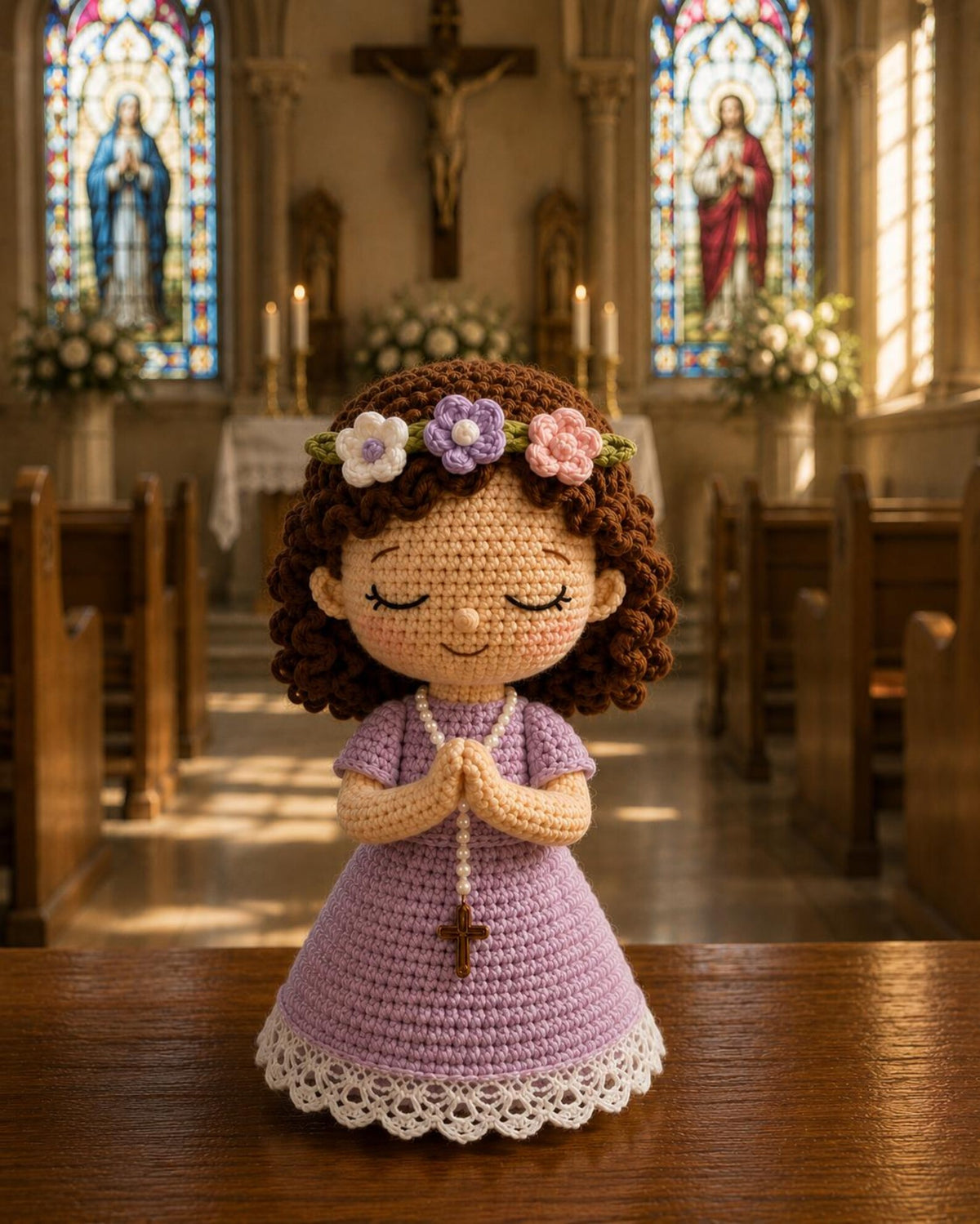 Handmade Crochet Prayer Doll, Praying Girl with Rosary, First Communion Gift, Catholic Keepsake, Christian Religious Gift, Prayer Decor