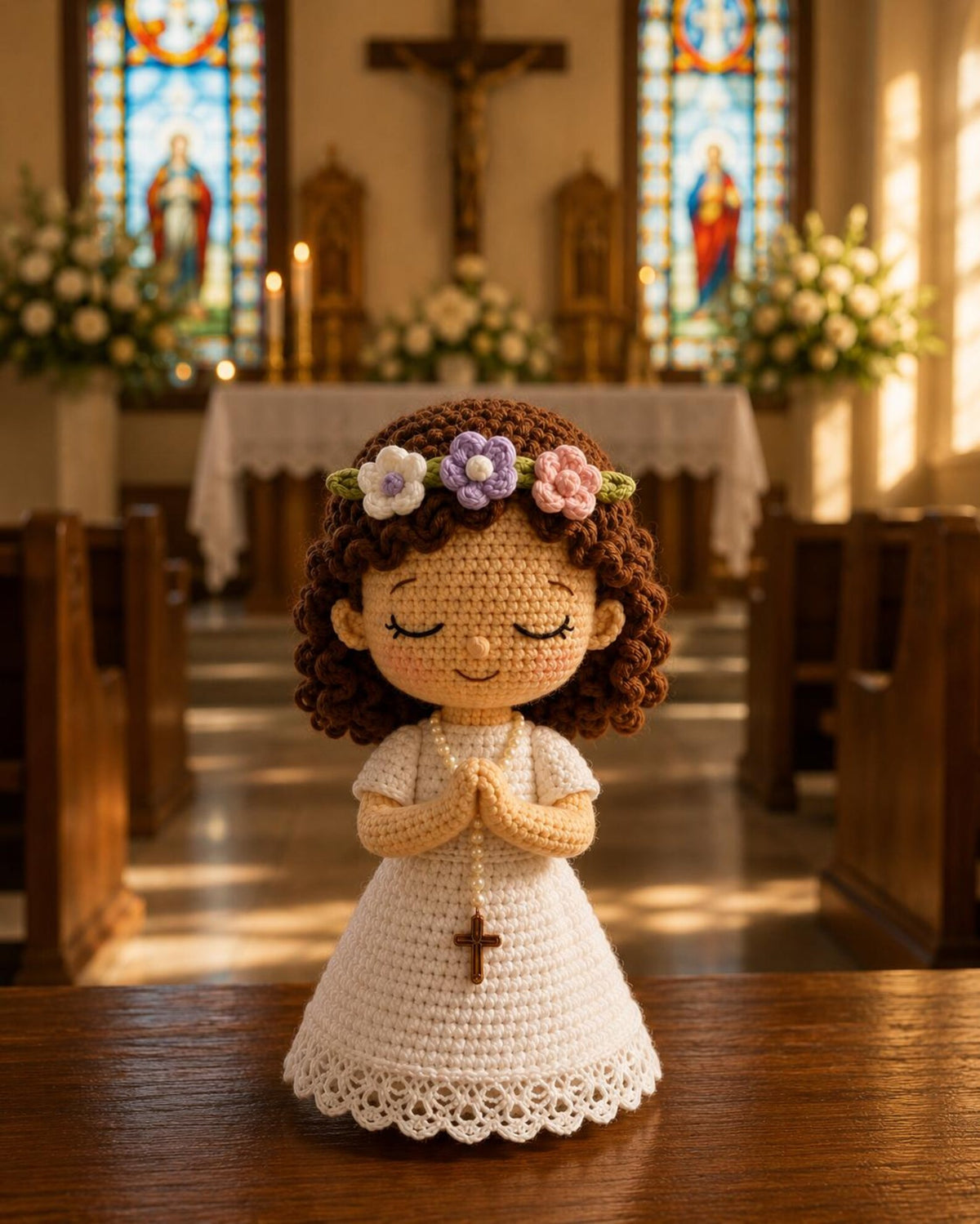 Handmade Crochet Prayer Doll, Praying Girl with Rosary, First Communion Gift, Catholic Keepsake, Christian Religious Gift, Prayer Decor