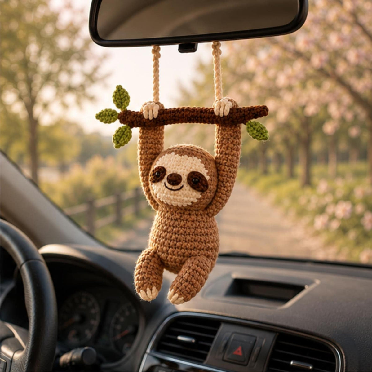 Crochet Sloth Car Charm Hanging, Cute Rear View Mirror Ornament, Handmade Amigurumi Car Accessory, Car Decor, Cute Gift for Her,Friend Gift