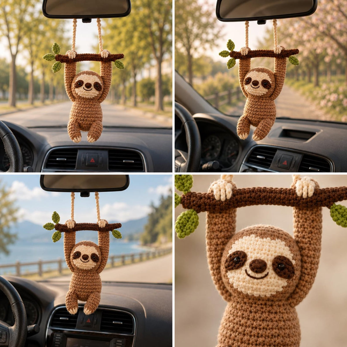 Crochet Sloth Car Charm Hanging, Cute Rear View Mirror Ornament, Handmade Amigurumi Car Accessory, Car Decor, Cute Gift for Her,Friend Gift