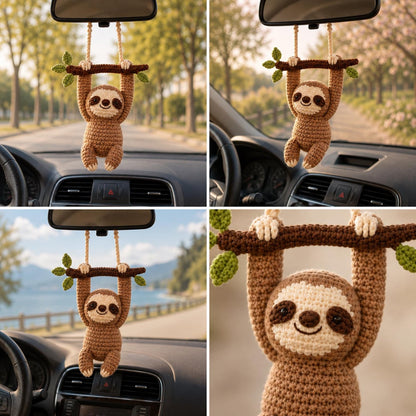 Crochet Sloth Car Charm Hanging, Cute Rear View Mirror Ornament, Handmade Amigurumi Car Accessory, Car Decor, Cute Gift for Her,Friend Gift
