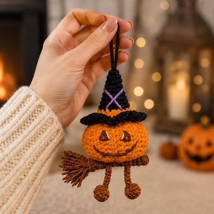 Crochet Pumpkin Witch Car Hanging Ornament, Halloween Rearview Mirror Charm, Handmade Fall Decor, Spooky Amigurumi Gift, Friend Gift