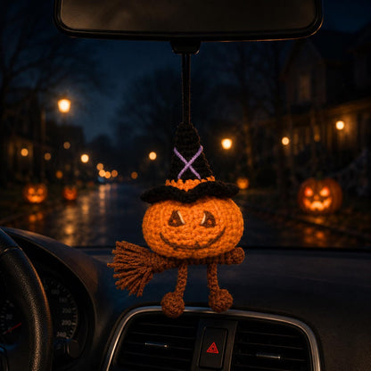 Crochet Pumpkin Witch Car Hanging Ornament, Halloween Rearview Mirror Charm, Handmade Fall Decor, Spooky Amigurumi Gift, Friend Gift