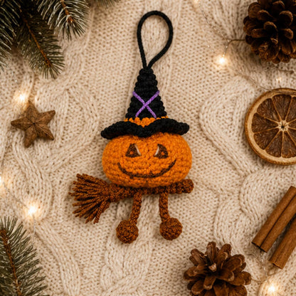 Crochet Pumpkin Witch Car Hanging Ornament, Halloween Rearview Mirror Charm, Handmade Fall Decor, Spooky Amigurumi Gift, Friend Gift
