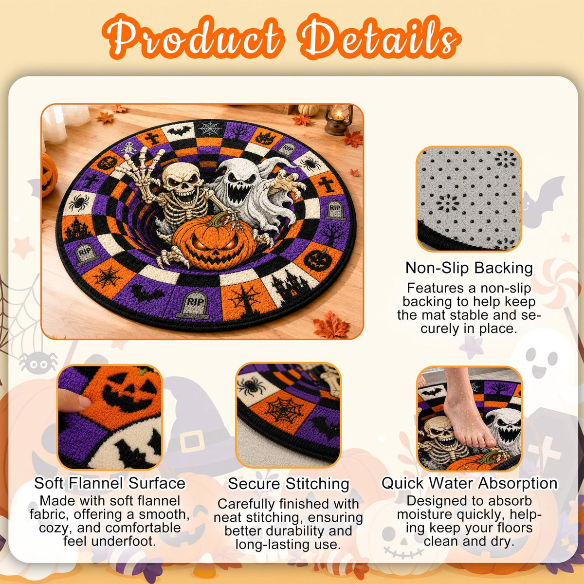 Halloween Ghost Rug, Cute Spooky Floor Mat, Round Gothic Room Decor, Cozy Fall Home Accent Rug, Fun Halloween Gift for Ghost Lovers