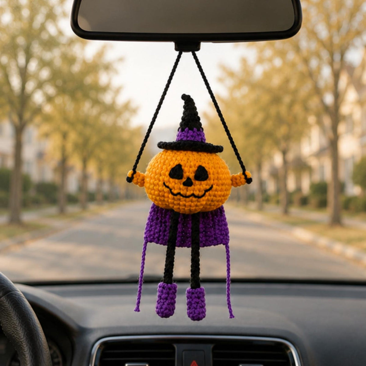 Crochet Super Pumpkin Witch Car Hanging Ornament, Halloween Rearview Mirror Charm, Handmade Fall Decor, Spooky Amigurumi Gift, Friend Gift