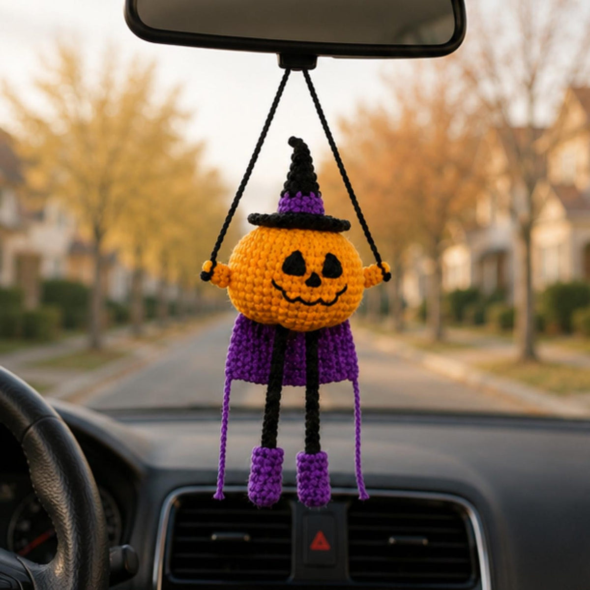 Crochet Super Pumpkin Witch Car Hanging Ornament, Halloween Rearview Mirror Charm, Handmade Fall Decor, Spooky Amigurumi Gift, Friend Gift