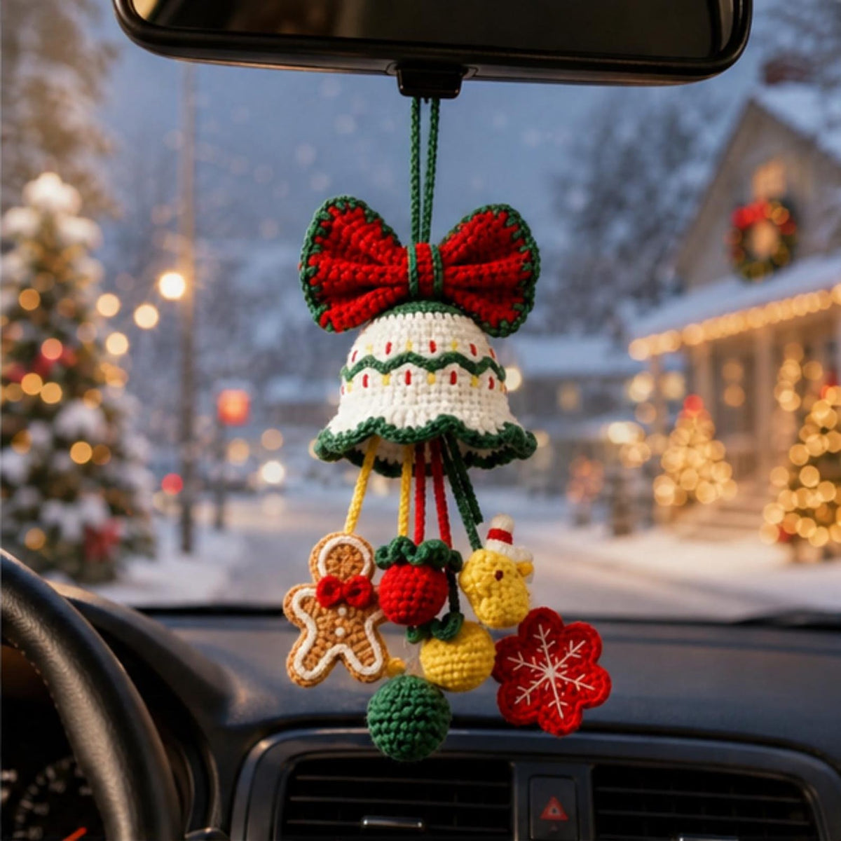Crochet Christmas Bell Car Ornament, Hanging Charm, Holiday Rearview Mirror Decor, Handmade Gift, Stocking Stuffer Gift for Her,Friend Gift