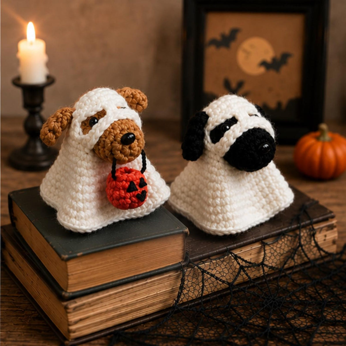 Crochet Ghost Dog Halloween Decor, Amigurumi Puppy Costume with Pumpkin Bucket, Cute Pet Lover Gift, Friend Gift, Funny Kid gift