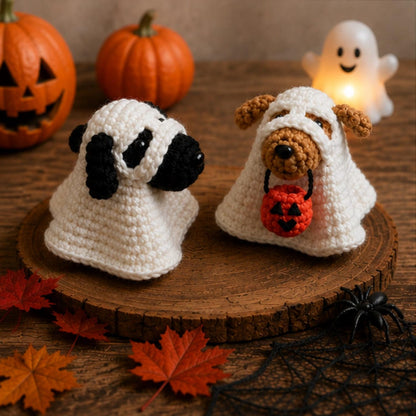 Crochet Ghost Dog Halloween Decor, Amigurumi Puppy Costume with Pumpkin Bucket, Cute Pet Lover Gift, Friend Gift, Funny Kid gift