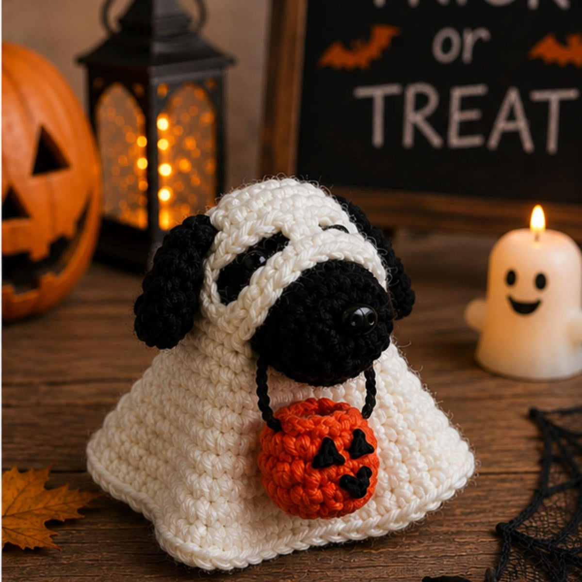 Crochet Ghost Dog Halloween Decor, Amigurumi Puppy Costume with Pumpkin Bucket, Cute Pet Lover Gift, Friend Gift, Funny Kid gift