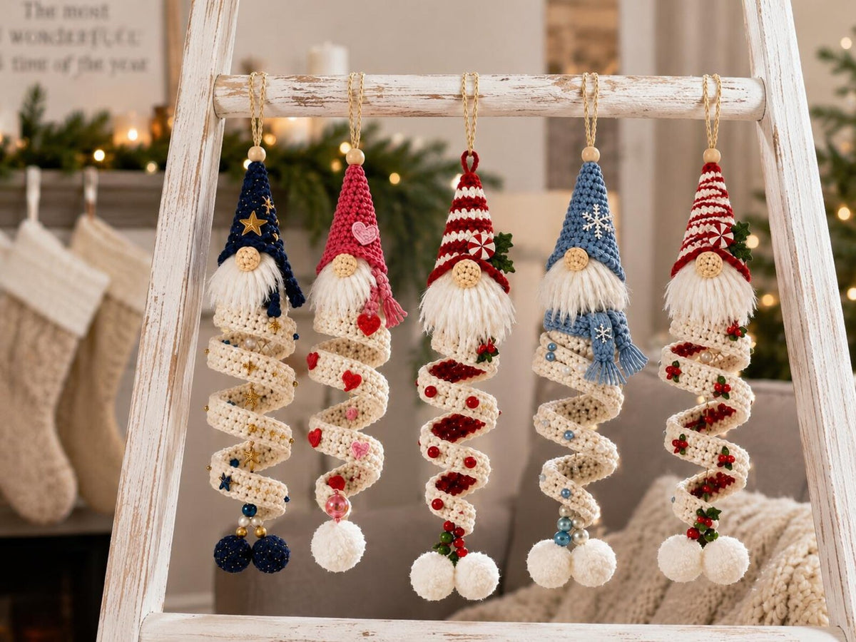 Crochet Christmas Gnome Ornament, Spiral Hanging Nordic Elf Decor, Handmade Holiday Stocking Stuffer, Winter Gift for Her,Friend Gift