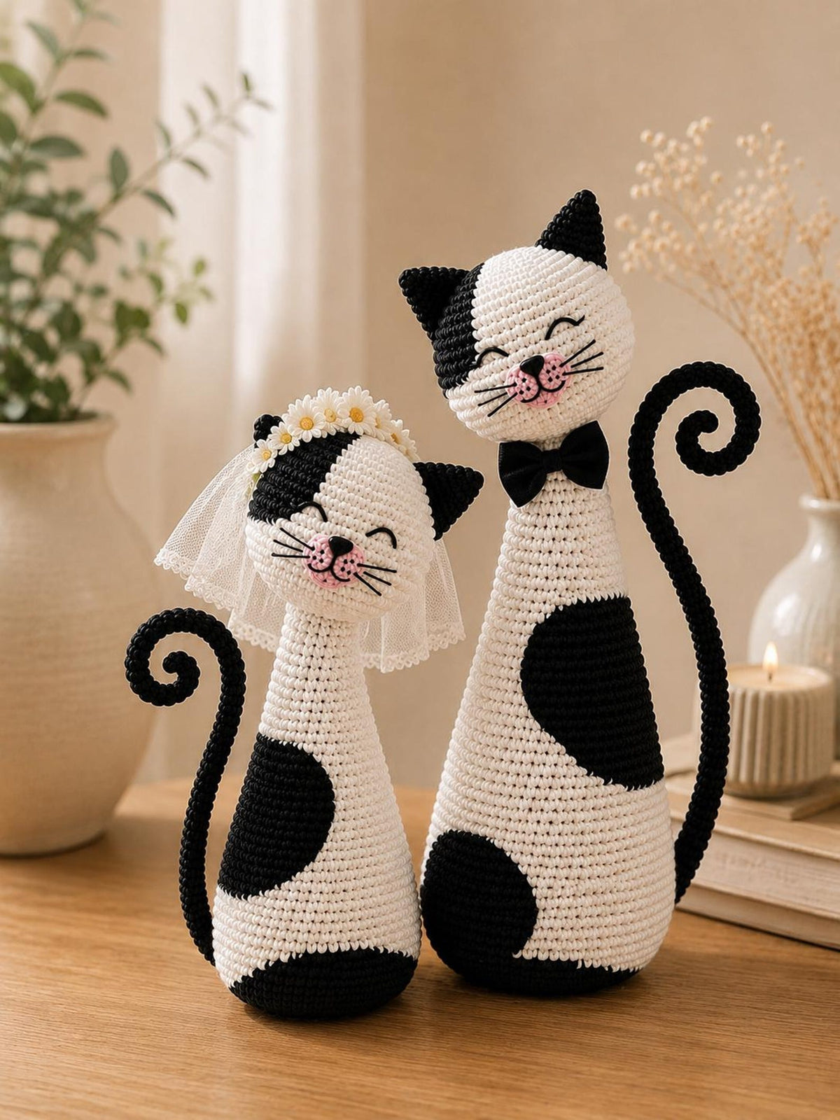 Handmade Crochet Cat Couple, Black White Cat Decor, Cute Cat Shelf Decor, Cat Lover Gift, Wedding Gift, Christmas Home Decor