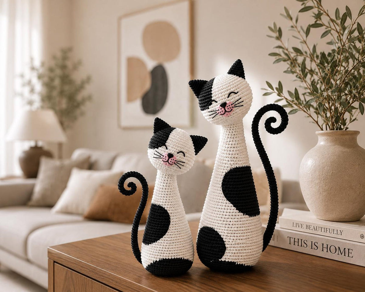 Handmade Crochet Cat Couple, Black White Cat Decor, Cute Cat Shelf Decor, Cat Lover Gift, Wedding Gift, Christmas Home Decor