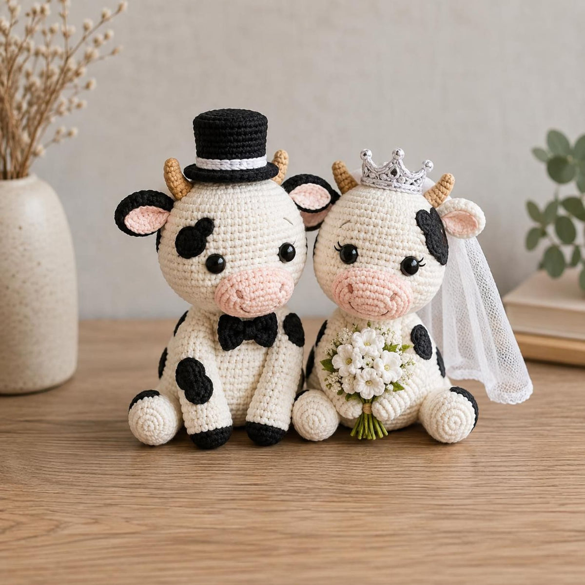 Crochet Cow Wedding Cake Topper, Bride and Groom Cow Couple, Handmade Amigurumi Wedding Decor, Rustic Wedding Gift for Cow Lovers