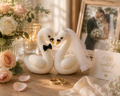 Crochet Swan Wedding Cake Topper, Bride and Groom Swan Couple, Handmade Amigurumi Wedding Decor, Rustic Wedding Gift, Wedding Keepsake