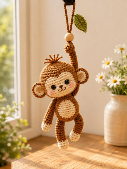 Crochet Monkey Car Hanging Ornament, Cute Monkey Rearview Mirror Charm, Handmade Amigurumi Monkey, Backpack Bag Charm, Monkey Lover Gift