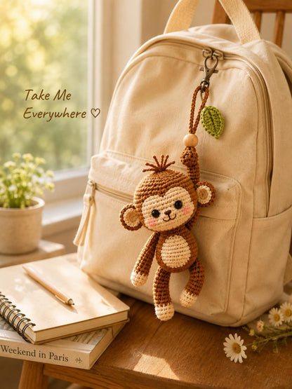 Crochet Monkey Car Hanging Ornament, Cute Monkey Rearview Mirror Charm, Handmade Amigurumi Monkey, Backpack Bag Charm, Monkey Lover Gift