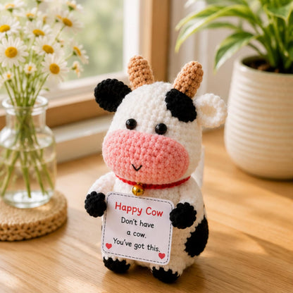 Crochet Cow Gift, Cute Encouragement Plush, Positive Message Keepsake, Cow Lover Birthday Gift for Friend Coworker Student Teacher
