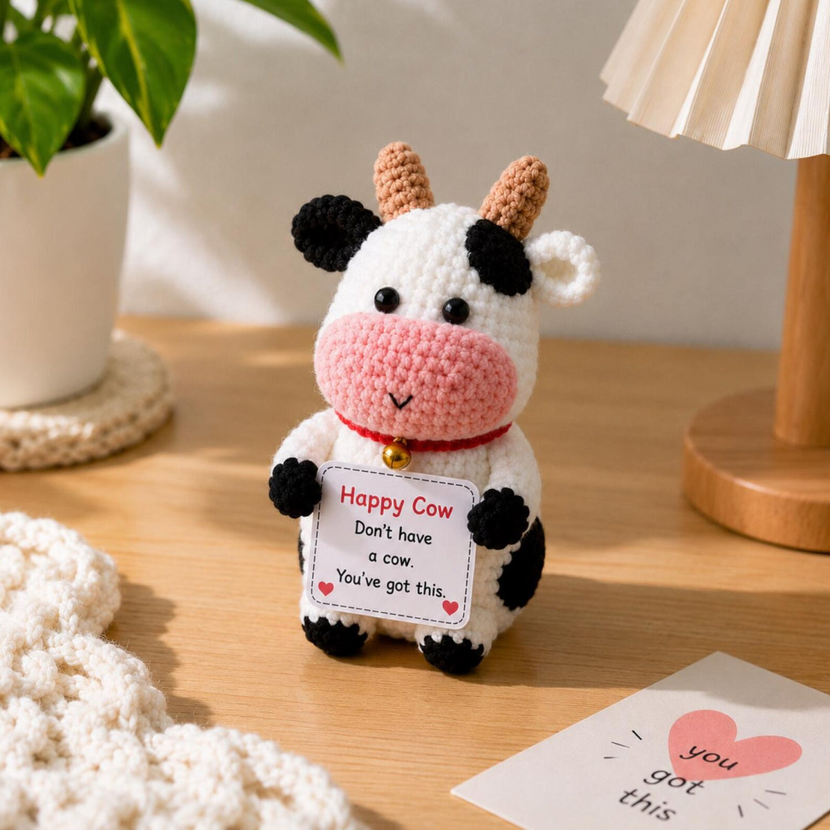 Crochet Cow Gift, Cute Encouragement Plush, Positive Message Keepsake, Cow Lover Birthday Gift for Friend Coworker Student Teacher
