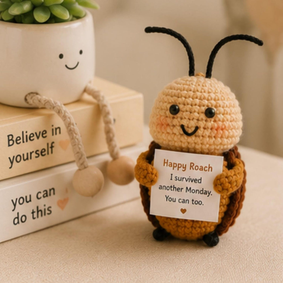 Crochet Roach Gift, Funny Encouragement Plush, Monday Survival Desk Buddy, Positive Humor Gift for Coworker Friend Student Office