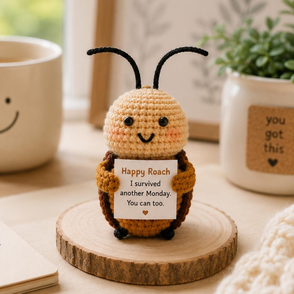 Crochet Roach Gift, Funny Encouragement Plush, Monday Survival Desk Buddy, Positive Humor Gift for Coworker Friend Student Office