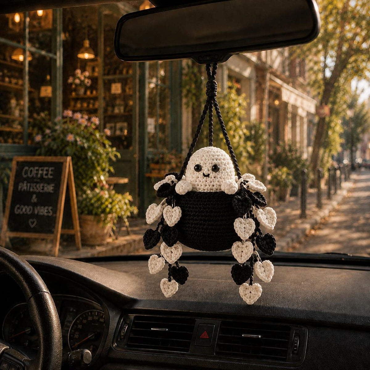 Crochet Ghost Heart Vine Plant Car Hanging, Halloween Car Mirror Hanging, Spooky Car Charm, Cute Car Accessory Decor, Plant Lover Gift