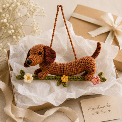 Crochet Dachshund Car Accessories | Wiener Dog Rearview Mirror Hanger | Sausage Dog Ornament | Amigurumi Dog Plush | New Car Gift for Her