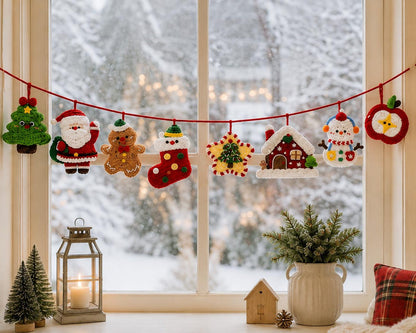 Crochet Christmas Garland, Handmade Holiday Banner, Santa Gingerbread Snowman Mantel Decor, Festive Home Hanging Decoration,  Xmas backdrops