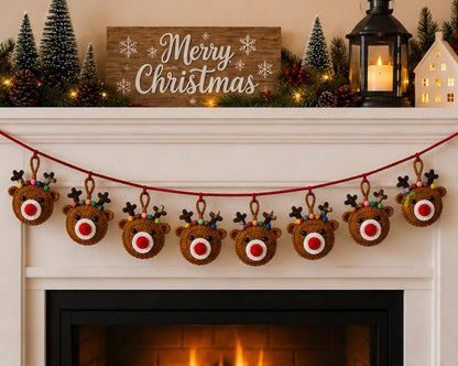 Crochet Reindeer Garland, Handmade Holiday Banner, Santa Gingerbread Snowman Mantel Decor, Festive Home Hanging Decoration,  Xmas backdrops