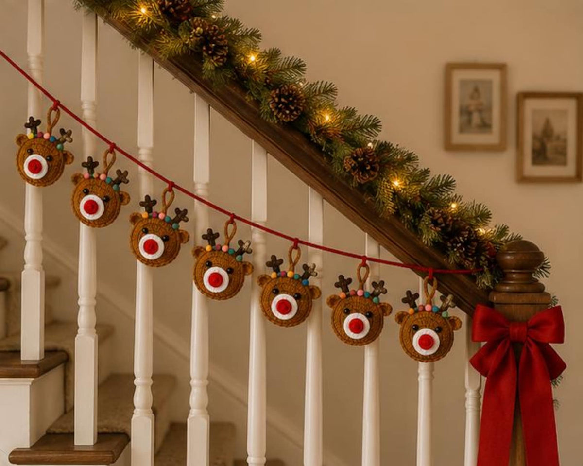 Crochet Reindeer Garland, Handmade Holiday Banner, Santa Gingerbread Snowman Mantel Decor, Festive Home Hanging Decoration,  Xmas backdrops