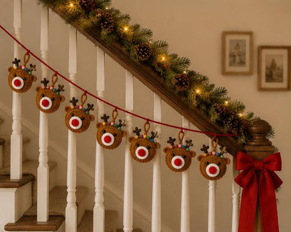 Crochet Reindeer Garland, Handmade Holiday Banner, Santa Gingerbread Snowman Mantel Decor, Festive Home Hanging Decoration,  Xmas backdrops